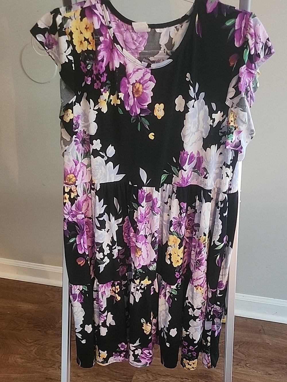 Girls' Black Floral Tiered Dress in Purple and White